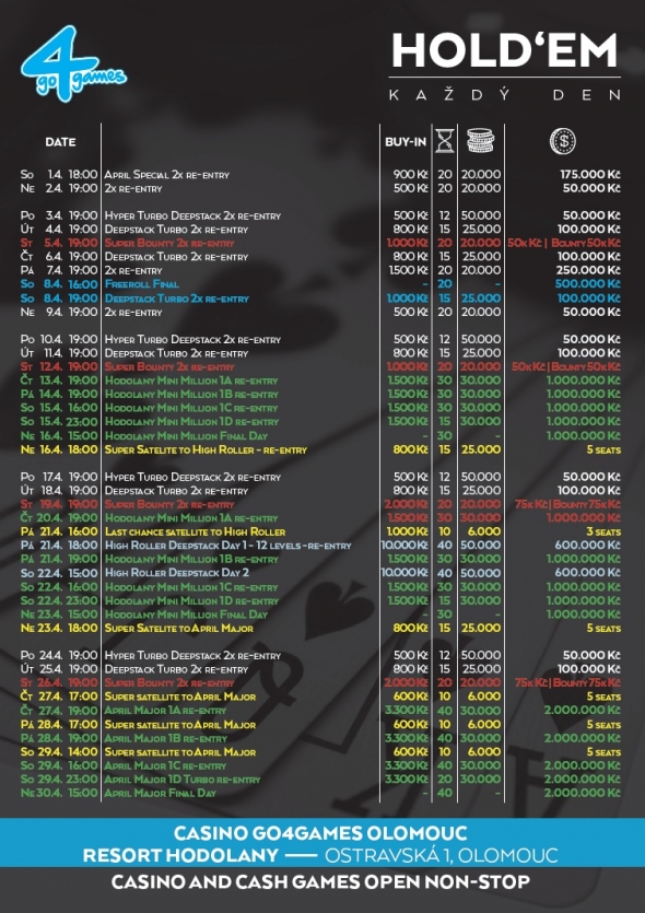 Dubnové turnaje v Go4Games Casino Olomouc - Hodolany