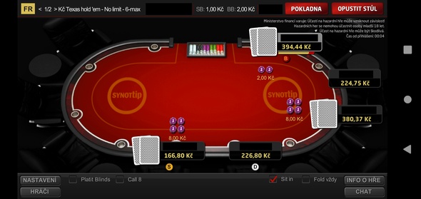 Pokerový stůl v mobilní aplikaci SYNOT TIP vypadá takřka shodně jako na počítači.
