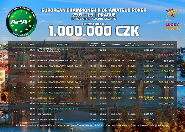 Rozpis turnajů srpnové zastávky European Championship of Amateur Poker