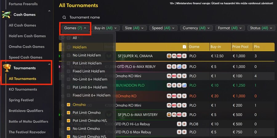 Omaha turnaje na herně Fortuna Poker