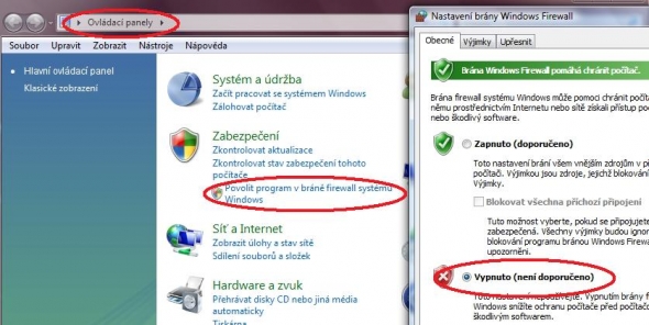 Nastavení brány Firewall pro Windows Vista