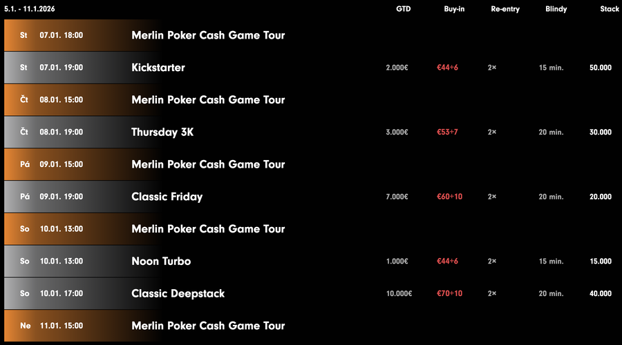 Aktuální program pokerových turnajů Grand Casino Aš