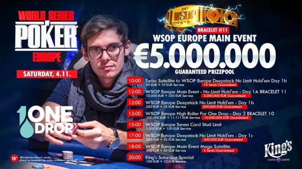 Nedělní program v King's Casinu: Začíná €10,350 Main Event WSOPE