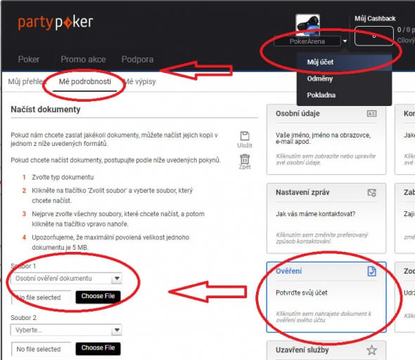 PartyPoker - kam nahrát ověřený doklad