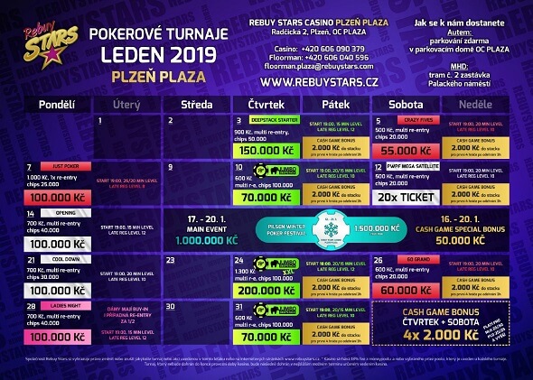Rebuy Stars Casino Plzeň – turnaje leden 2019