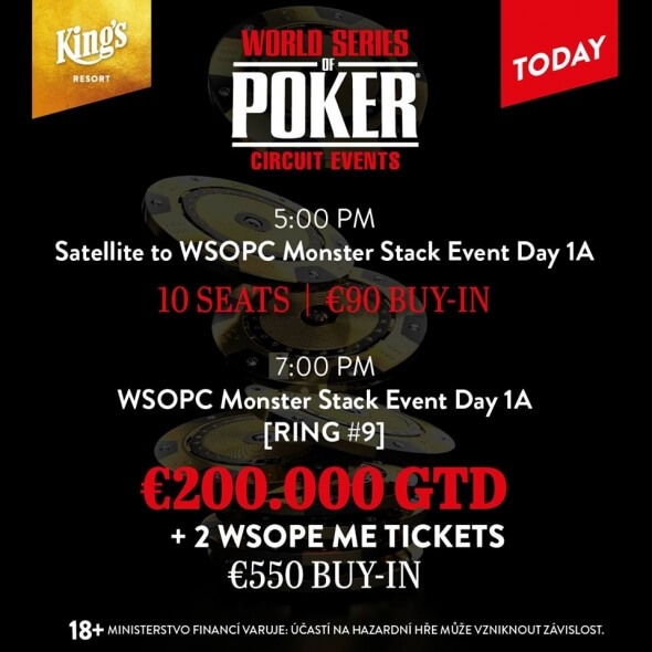 V 19:00 se rozehraje WSOPC Monster Stack s buy-inem €500+50 a garancí €220,700