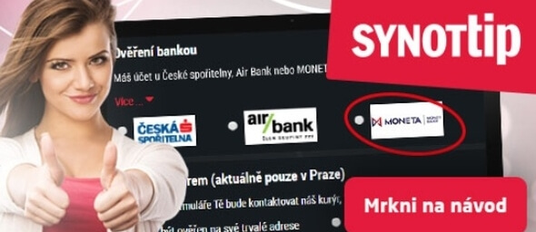 SYNOT TIP nově přidává možnost ověření přes bankovní účet MONETA Money Bank.