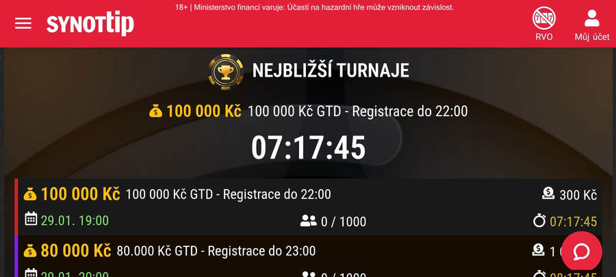 V SynotTip aplikaci můžete naskočit do nejbližších MTT turnajů