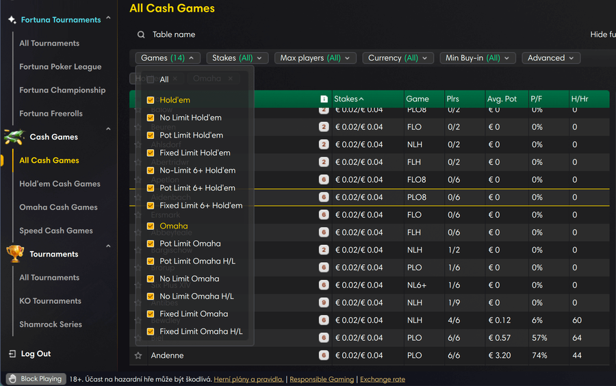 Seznam pokerových variant na Fortuna Poker
