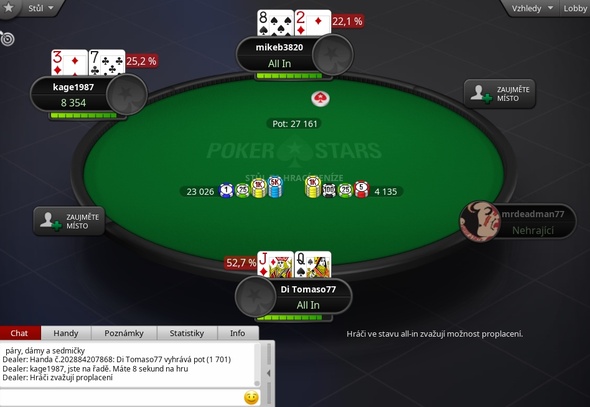Volba CashOut je dostupná jen na vybraných stolech ve hře o hrací peníze.