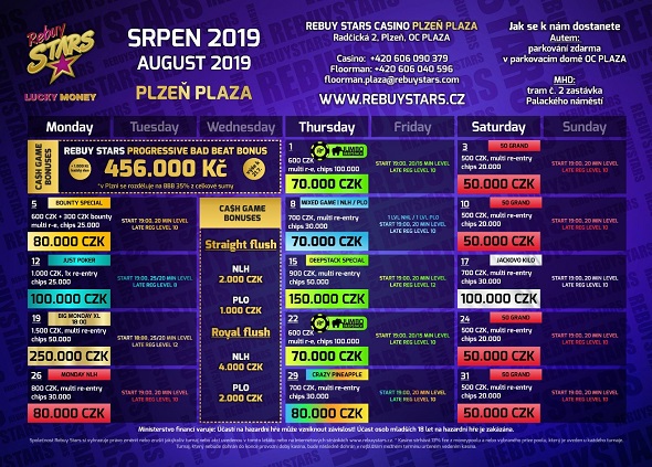 Srpnové turnaje v Rebuy Stars Plzeň Plaza