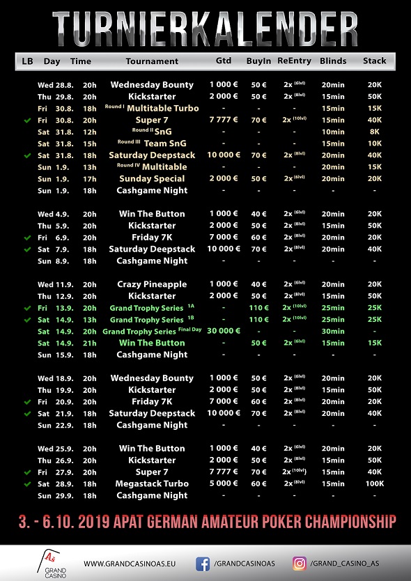 Grand Casino Aš – turnaje září 2019