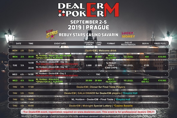 Rozpis turnajů DealerEM 2019 v Rebuy Stars Savarin