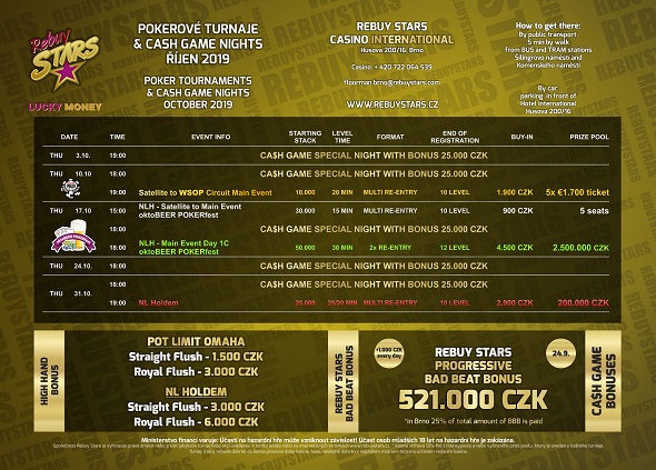Rebuy Stars Casino Brno – turnaje říjen 2019