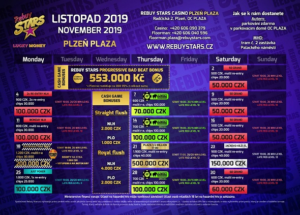Rebuy Stars Casino Plzeň Plaza – turnaje listopad 2019