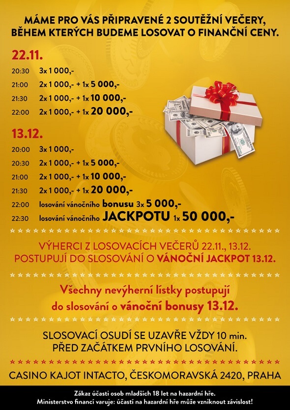 Vánoční losovačka o ceny za 150 000 Kč v pražském pokerovém klubu Kajot
