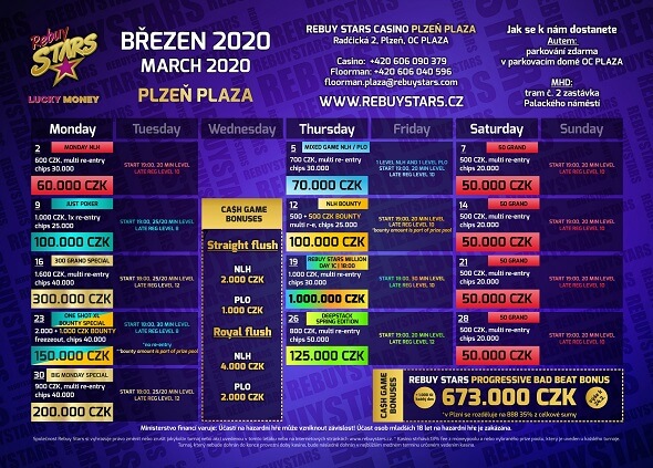 Rebuy Stars Casino Plzeň – turnaje březen 2020