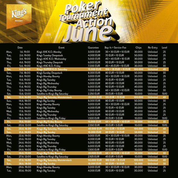 Program turnaů v King's na červen