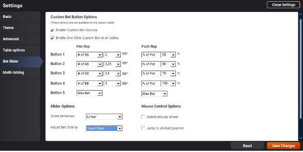 Bet sizing v klientu PartyPokeru