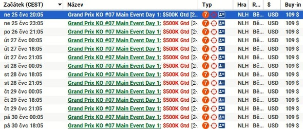 V Grand Prix KO Main Eventu si můžete vybírat z celkem 29 startovních flightů
