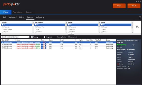 Turnaje Bounty Hunter on Demand na herně partypoker najdete jak v záložce turnajů, tak i Sit and Go.
