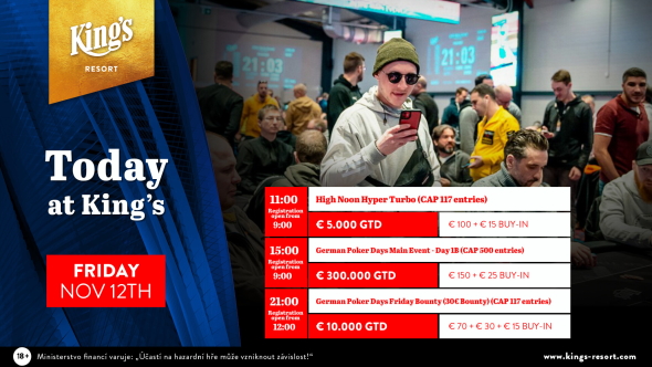 Program King's Resortu na pátek 12. listopadu: Zahrajte si druhý flight GPD či side eventy o €15 tisíc