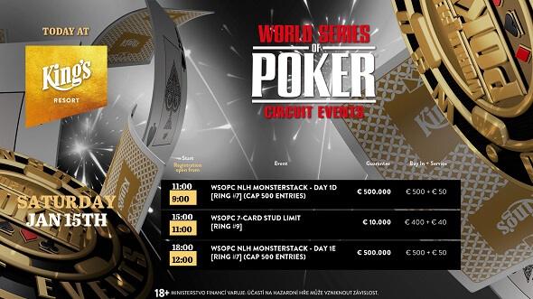 Sobota v King's Resortu Rozvadov: Dnes si zahrajete poslední flighty WSOPC Monsterstacku i prstenový Seven Card Stud event