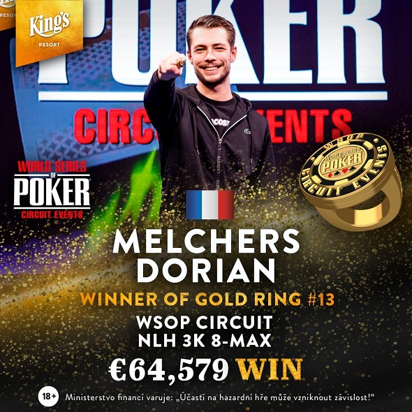 Melchers Dorian zvítězil v NLH 3K 8-Maxu, vyhrává zlatý prsten pro šampiona WSOPC v King's