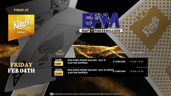 Pokerový turnaj EPM s garancí €1.000.000 dnes v King's pokračuje dvěma flighty