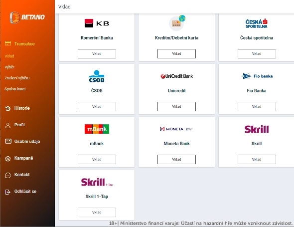 Možnosti vkladu přes banky u Betana