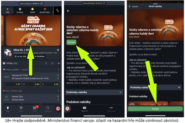 Postup ke Kolu štěstí v mobilní aplikaci Betano