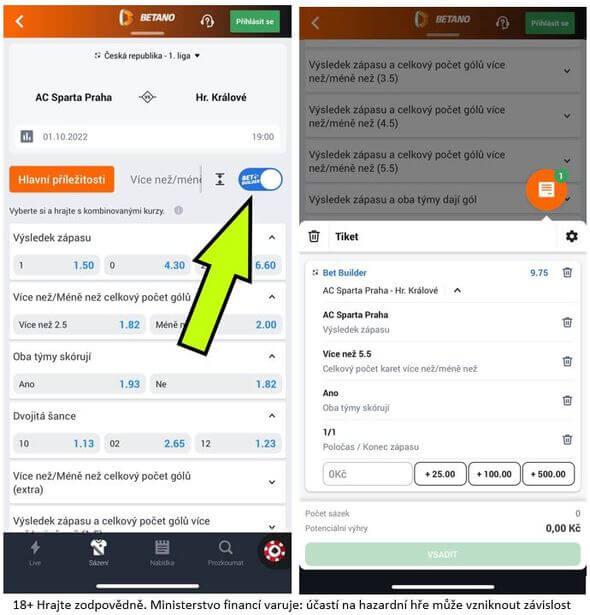 Příklad BetBuilderu u Betana