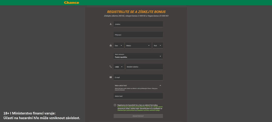 Vstupní bonus za registraci získáte u Chance bez akčního promo kódu