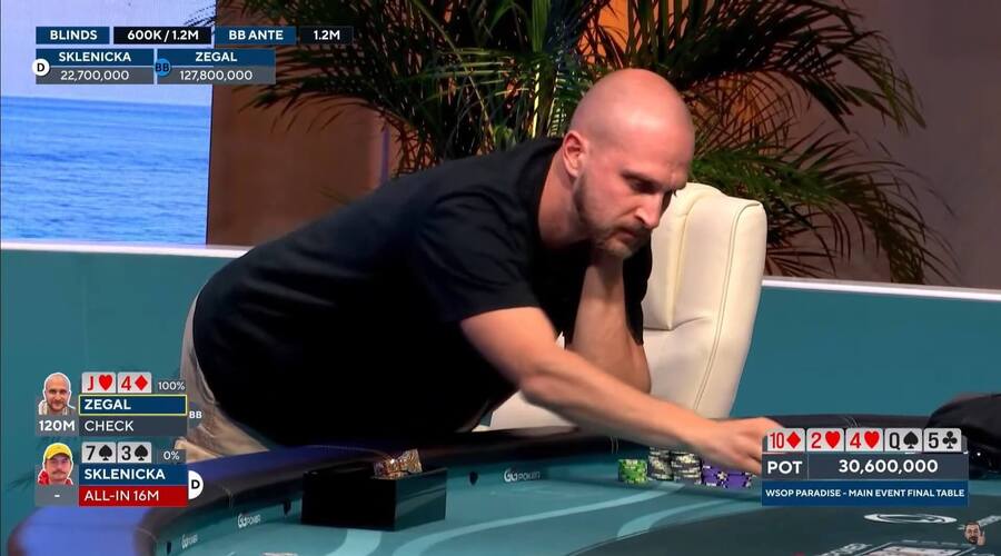 Stanislav Zegal dorovnává Skleničkův bluff se 7 high a stává se vítězem WSOP Paradise ME