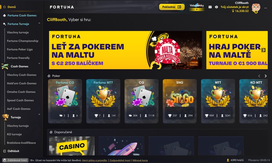 Fortuna Poker hlavní lobby v&nbsp;aplikaci pro desktop