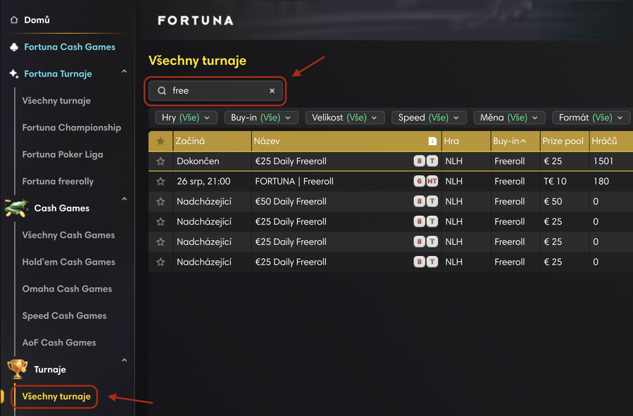 Jak najít freeroll turnaje v&nbsp;lobby Fortuna Pokeru