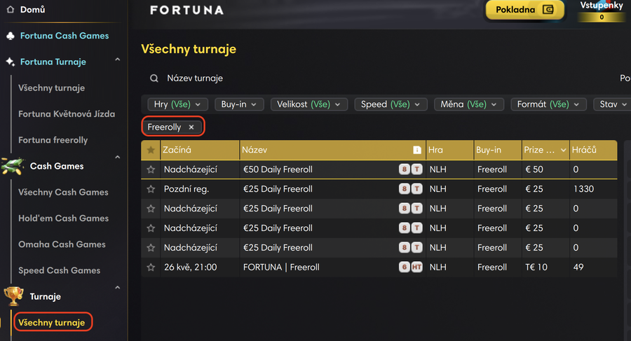 Jak najít freeroll turnaje v&nbsp;lobby Fortuna Pokeru