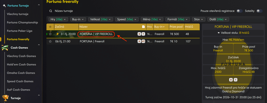 VIP Fortuna freeroll v&nbsp;pokerové lobby