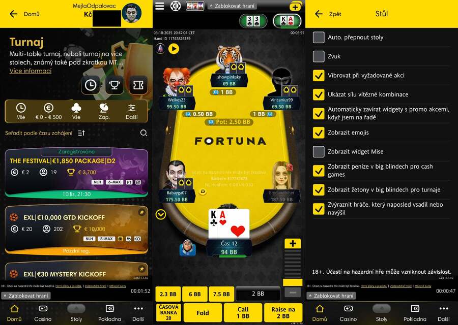 Ukázka z&nbsp;hraní Fortuna pokeru v&nbsp;mobilní aplikaci