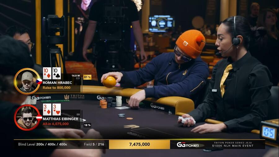 Roman Hrabec s pomerančem na hlavě i po ruce během Triton Poker Series Jeju