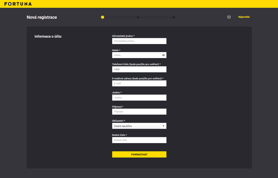 Krok 1 při registraci na Fortuna Pokeru