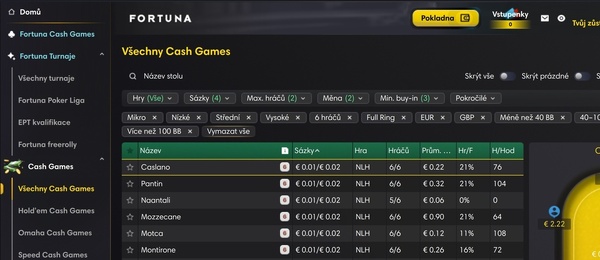 Fortuna Poker cash game lobby v aplikaci pro desktop
