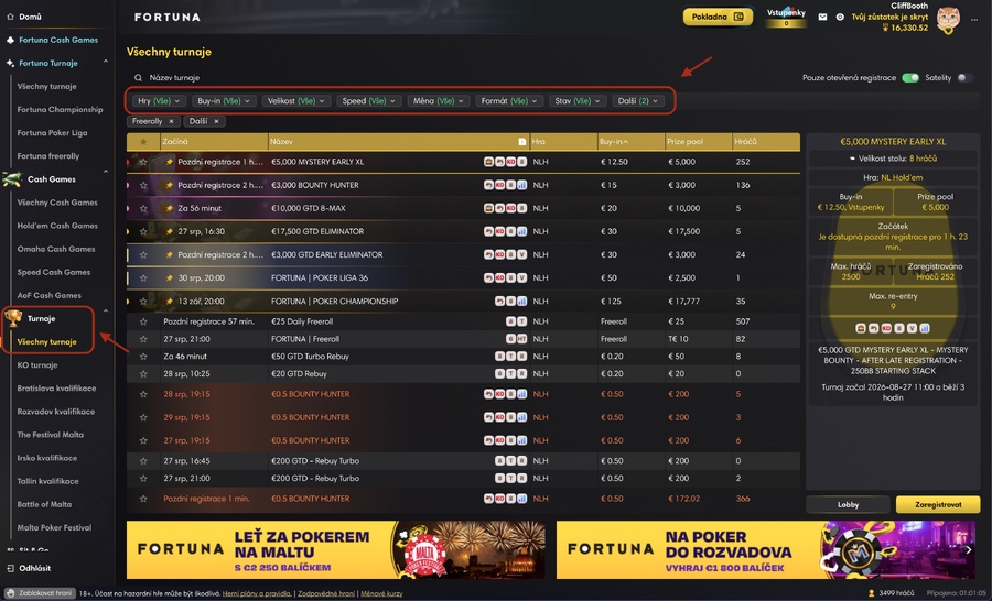 Lobby pokerových turnajů na Fortuně
