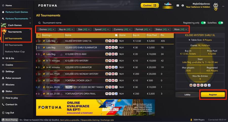 Lobby pokerových turnajů na Fortuně
