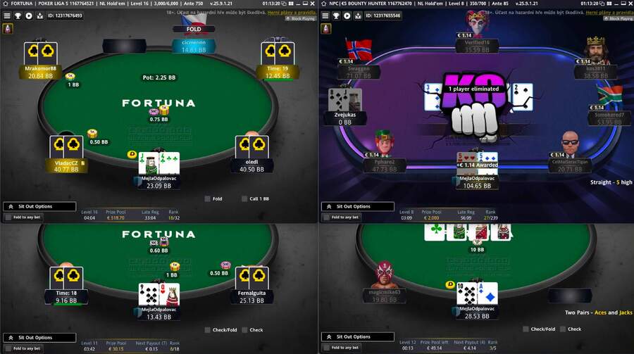 Screen z&nbsp;hraní pokerových turnajů na Fortuně
