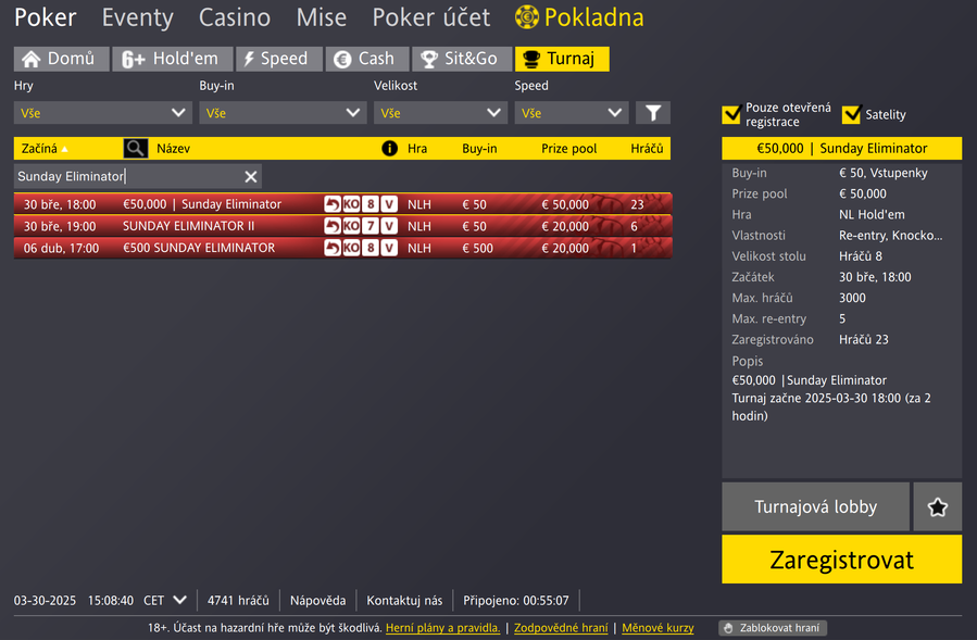 Sunday Eliminator v lobby Fortuna Pokeru