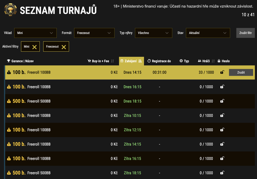 Nabídka freerollů v&nbsp;lobby online herny SynotTip Poker