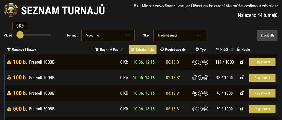 Nabídka freerollů v lobby Synot Tip Pokeru
