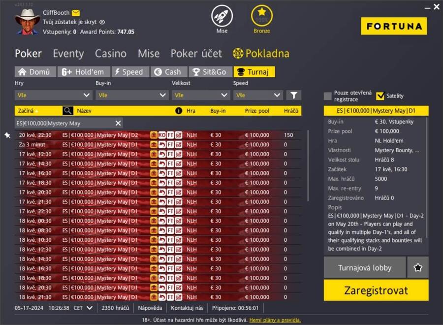 Nabídka Day 1 flightů ES €100.00 Mystery May v lobby Fortuna Pokeru