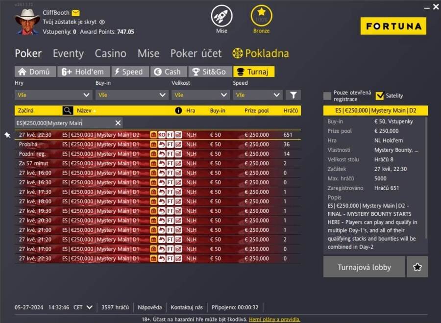 Nabídka flightů ES Mystery Main eventu v lobby Fortuna Pokeru